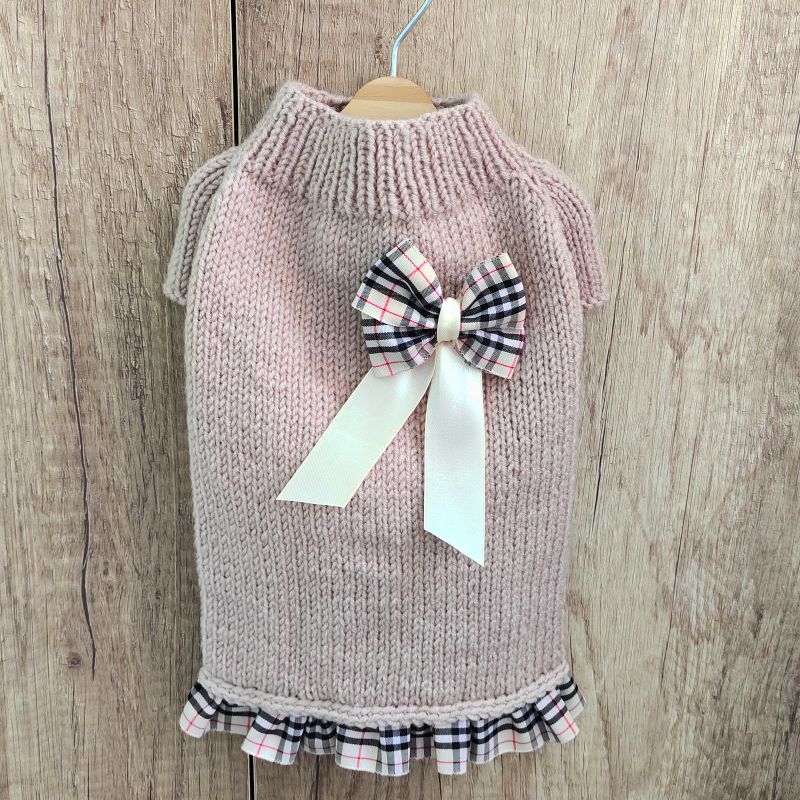 Handmade beige merino wool dog dress with plaid bow and ruffle hem for small dogs
