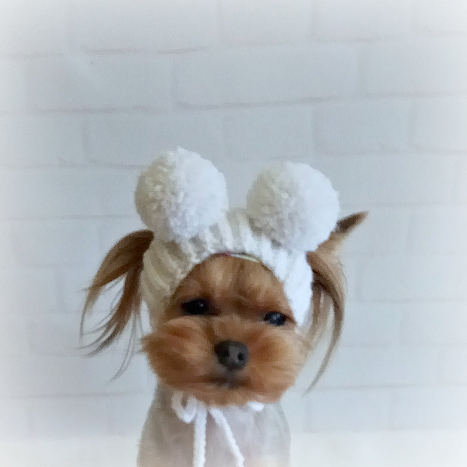 Knitted dog hat with two pompoms, handmade and custom-sized for small dogs