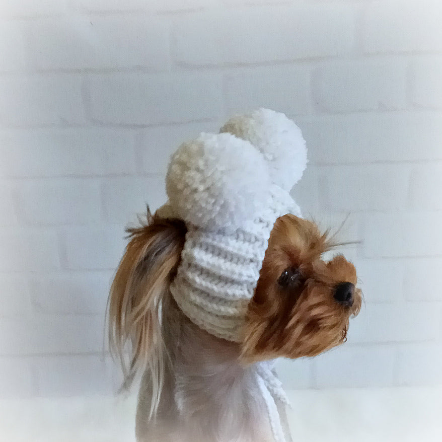 Knitted dog hat with two pompoms, handmade and custom-sized for small dogs