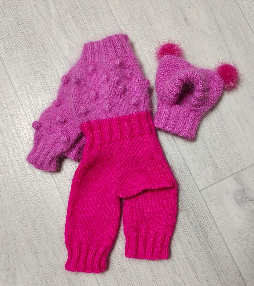 Pink dog jumpsuit knit and hat