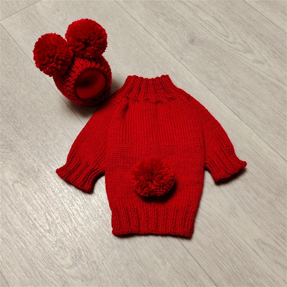 Dog sweater red, hat dog with two pompoms