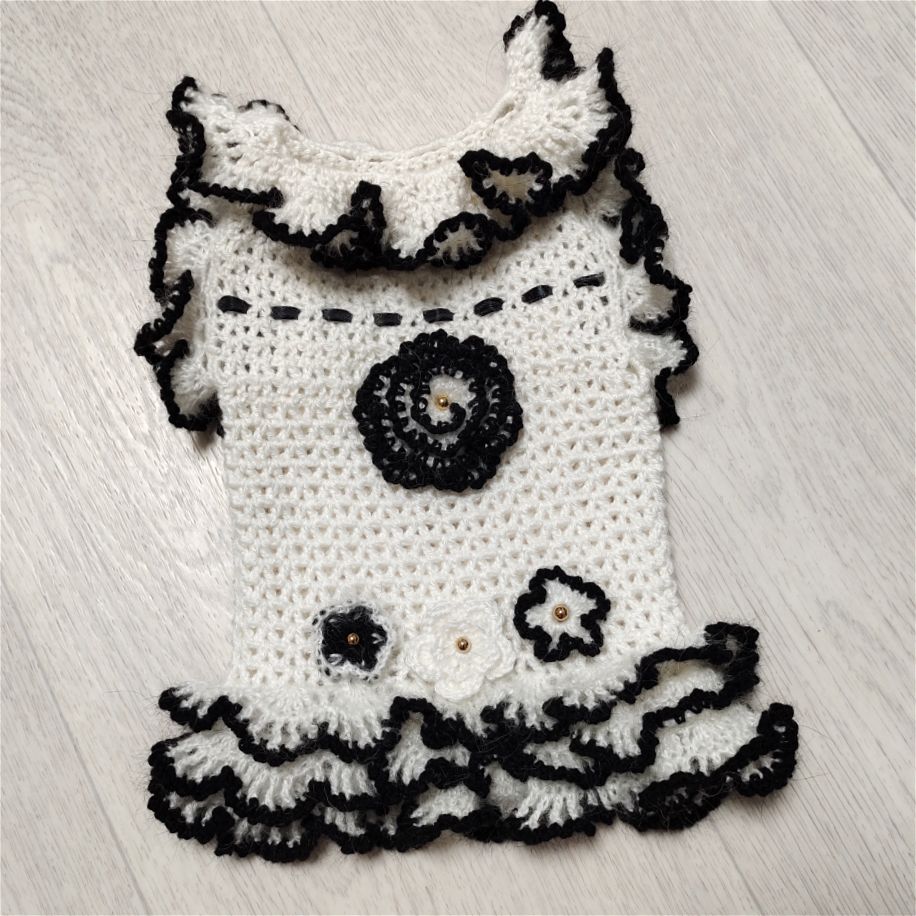 White ruffled knitted dog dress custom made for small dogs by Ludmila & Co
