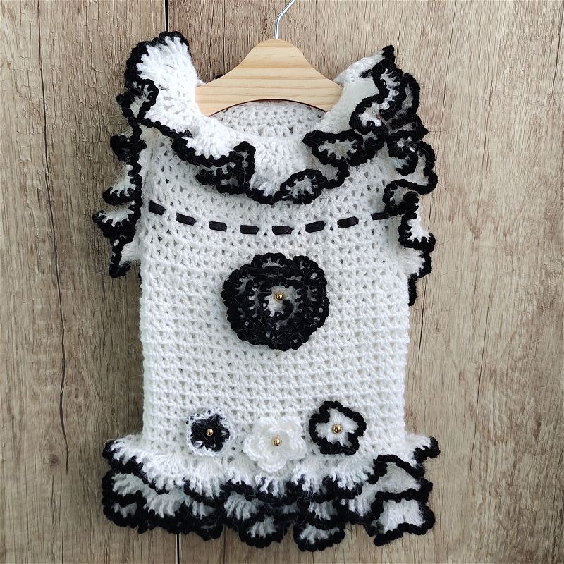 White ruffled knitted dog dress custom made for small dogs by Ludmila & Co