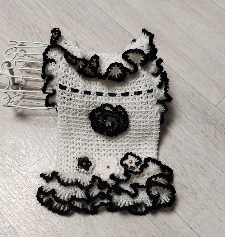 White ruffled knitted dog dress custom made for small dogs by Ludmila & Co