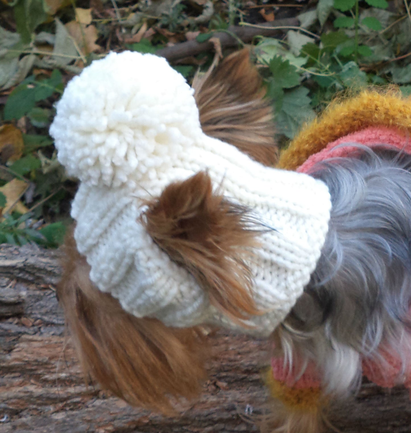 Handmade knitted dog hat with pompom, custom made to fit small dog