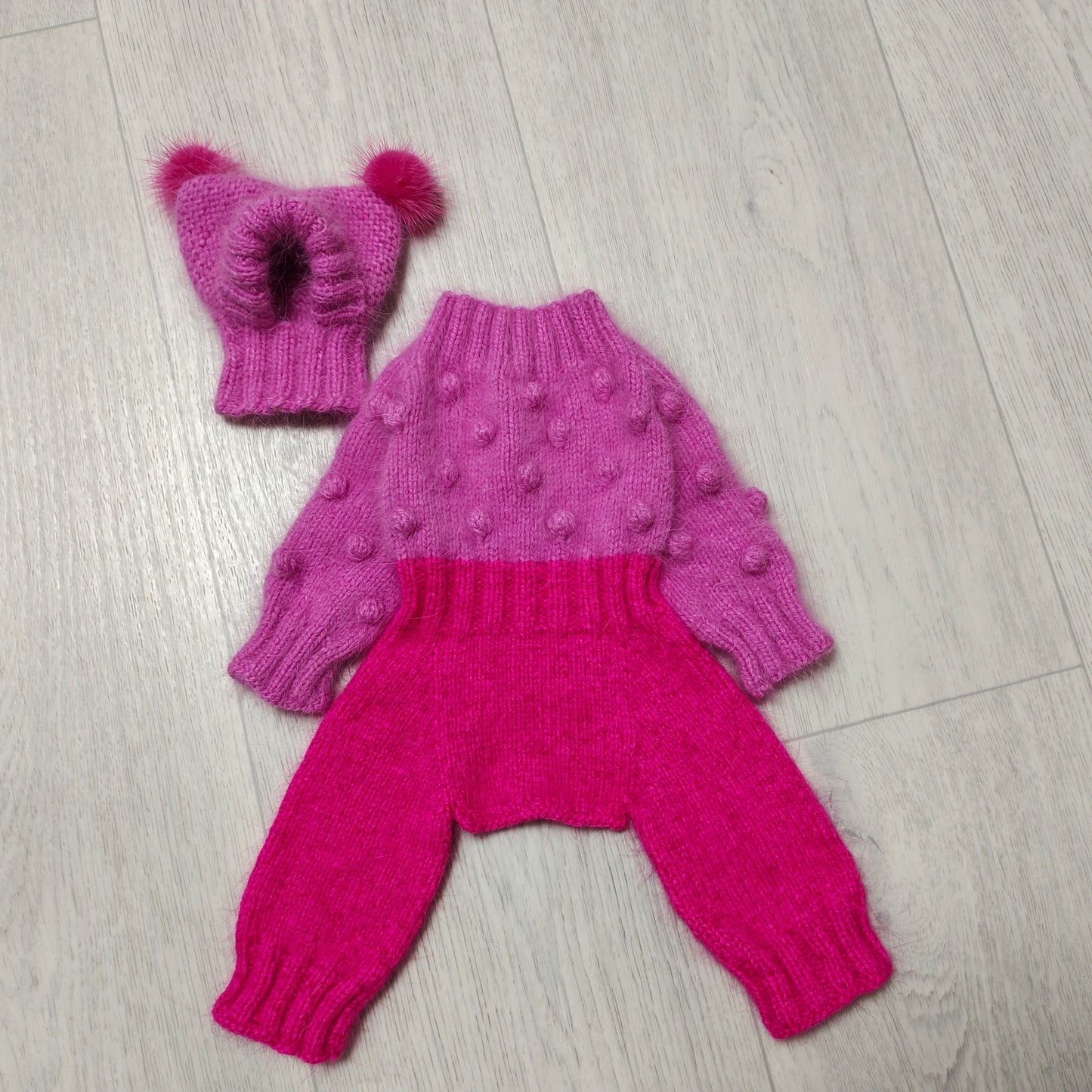 Pink dog jumpsuit knit and hat