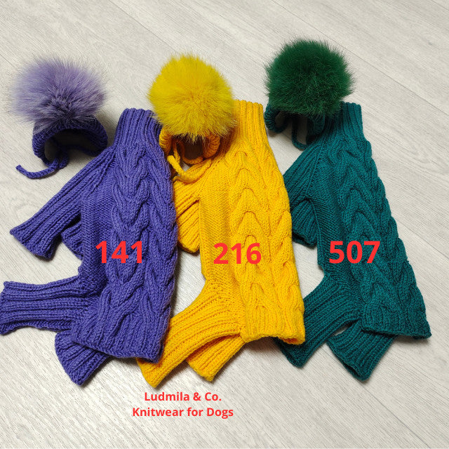 Knitted dog jumpsuit with hat – merino wool for small dogs | Ludmila & Co