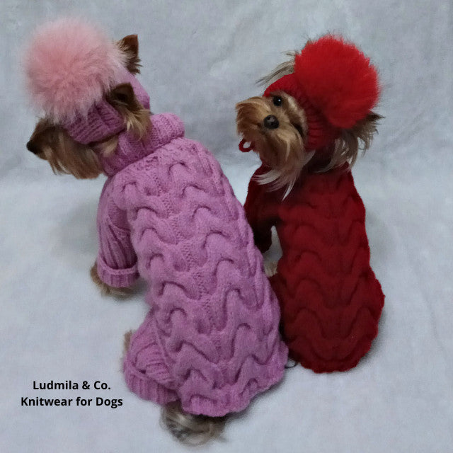 Small dog wearing a knitted merino wool jumpsuit with matching pom-pom hat, ideal for Yorkies and Chihuahuas in winter.