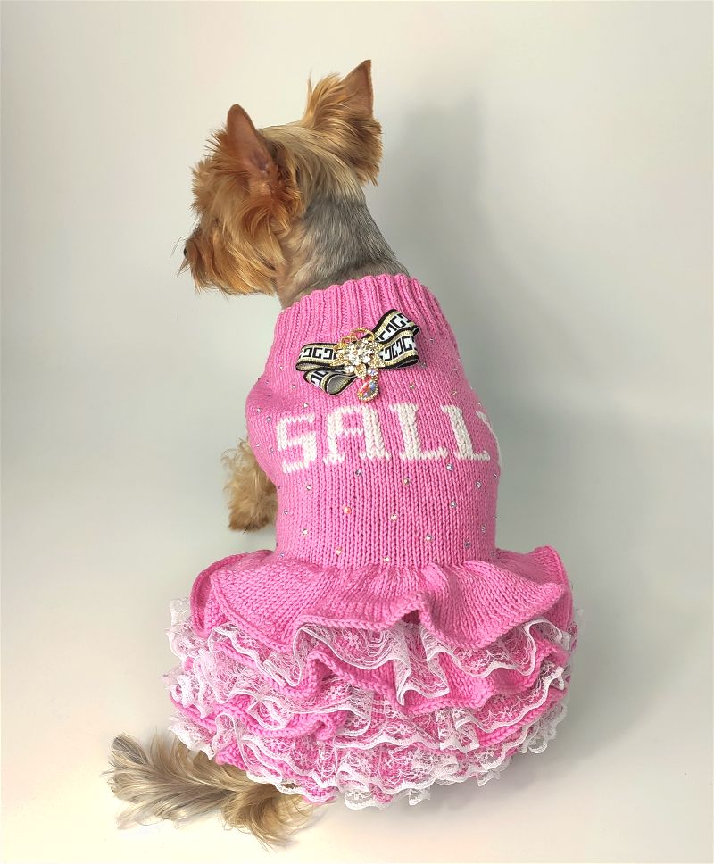 Knitted pink dog dress with ruffles for small breed like Yorkie or Chihuahua – handmade by Ludmila & Co