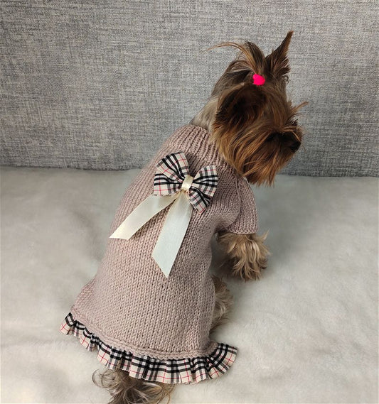 Handmade beige merino wool dog dress with plaid bow and ruffle hem for small dogs