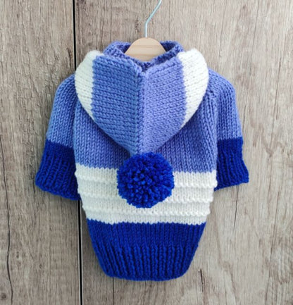 Blue knitted sweater  with a hood for small dogs made of wool yarn
