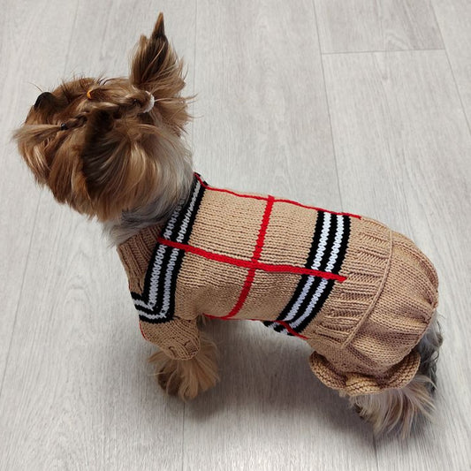 Striped cotton dog jumpsuit set with jacket and ruffled pants for small dogs
