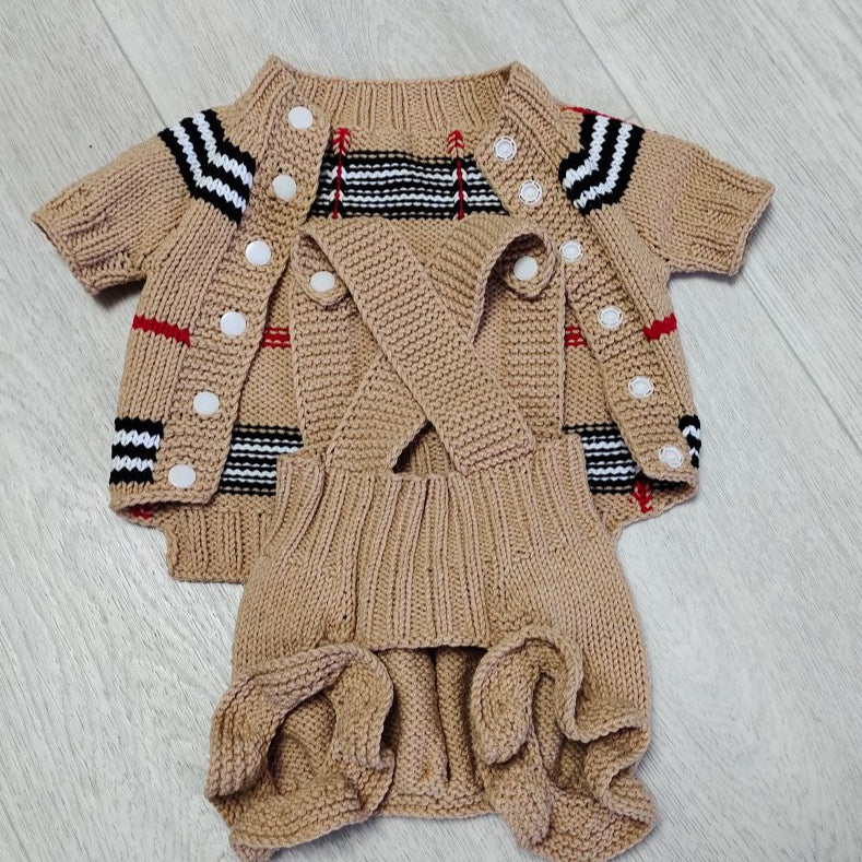 Striped cotton dog jumpsuit set with jacket and ruffled pants for small dogs