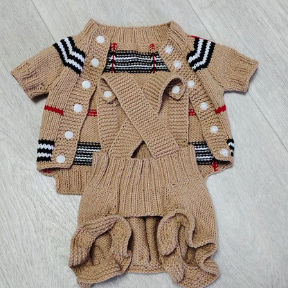 Striped cotton dog jumpsuit set with jacket and ruffled pants for small dogs