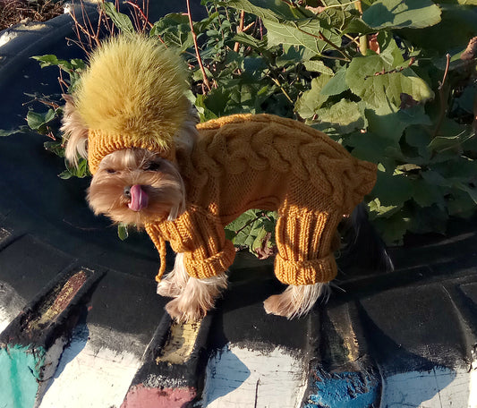 Knitted dog jumpsuit, Yellow dog jumpsuit