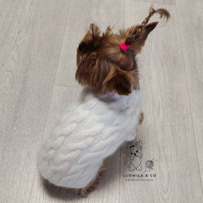 White fluffy angora sweater for small dog, handmade knitwear by Ludmila & Co